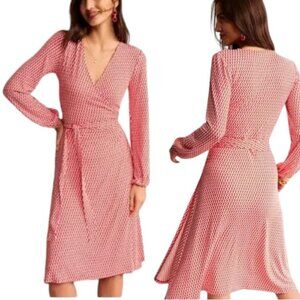 Boden Joanna Long Sleeved Jersey True Wrap Midi Dress - Red/White - 12